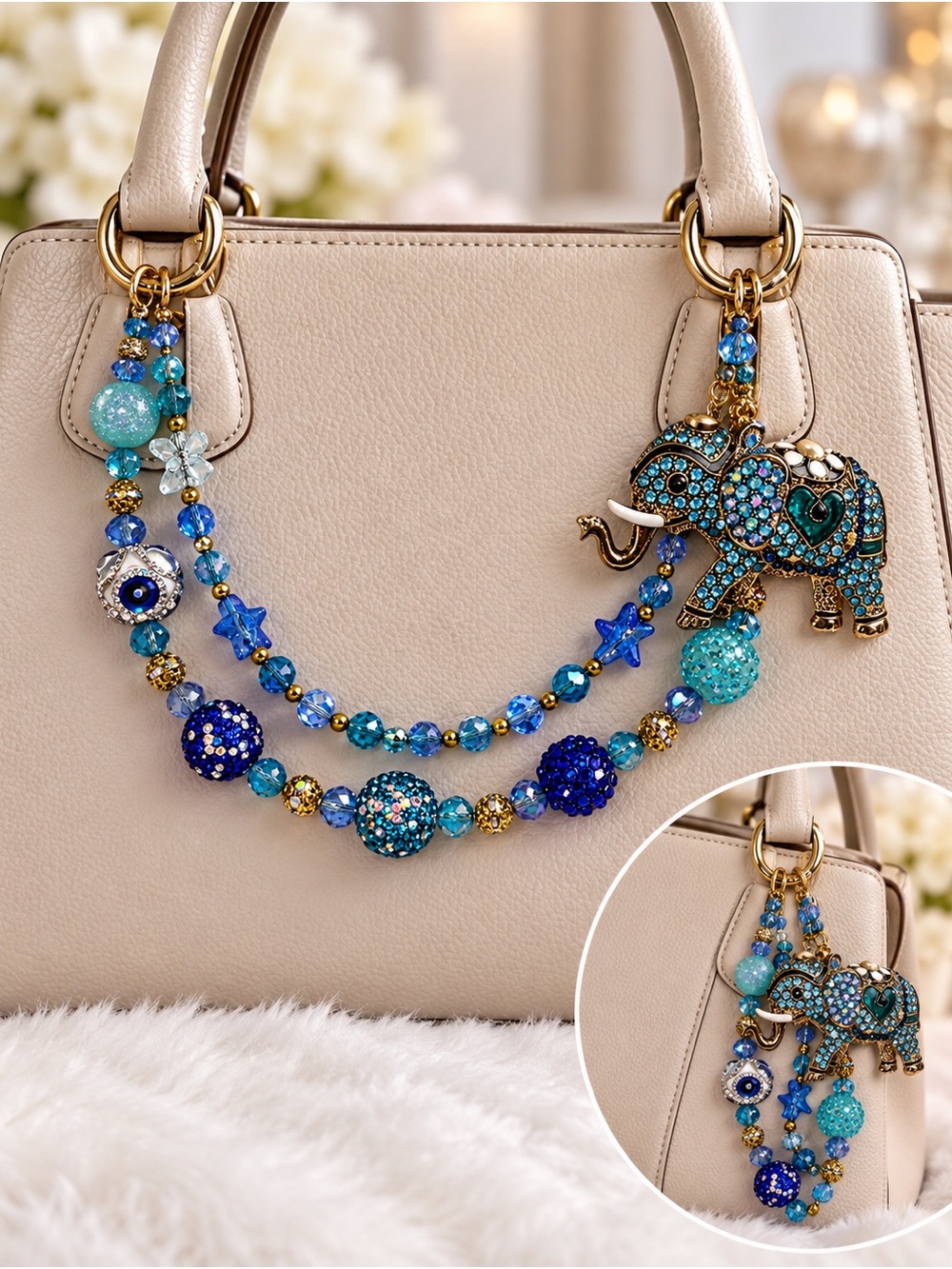 Beaded Elephant Bag Charm and Handle Chain in Blues new